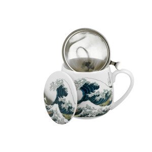 Porcelánový sudový hrnček so sitkom a krytom K. Hokusai - The Great Wave 430 ml