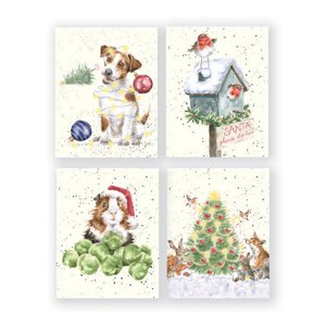 Vianočné darčekové kartičky s obálkou "Guinea Pig" Wrendale Designs, 16 ks (4x4 motívy) – vianočná nádielka