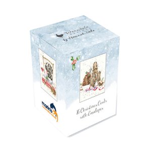 Vianočné darčekové kartičky s obálkou "rabbit" Wrendale Designs, 16 ks (4x4 motivy) – při vianočnom stole
