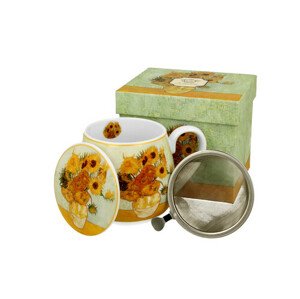 Porcelánový sudový hrnček so sitkom a krytom V. van Gogh - Sunflowers 430 ml